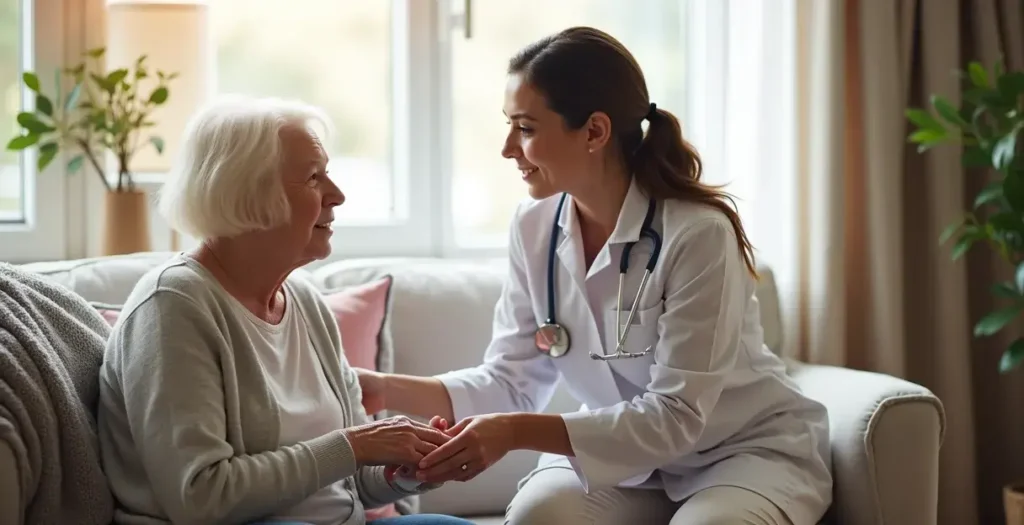 Professional caregiver assisting an elderly patient with personal care and daily activities at home. Crown Employment Services provides trusted, verified, and experienced patient care staff for home nursing support in Islamabad and Rawalpindi.